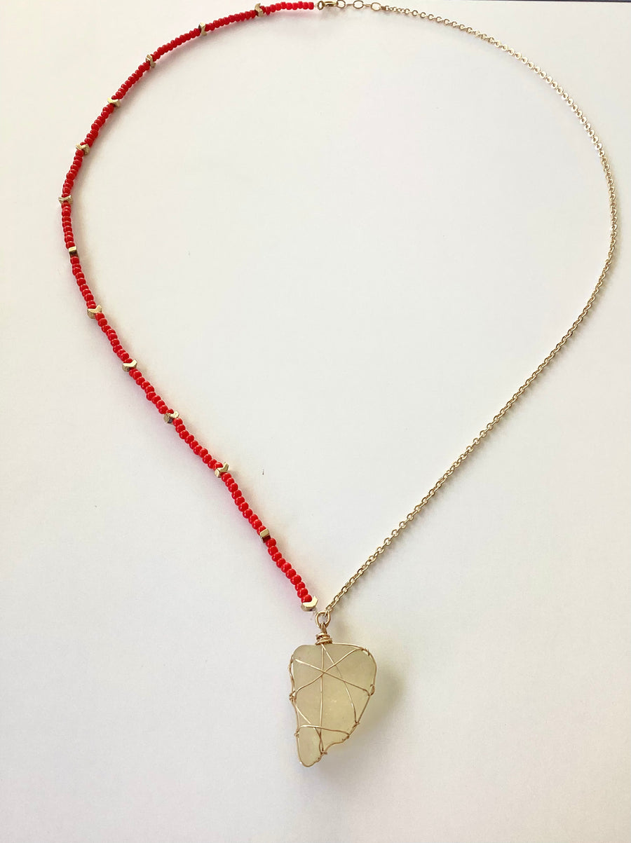 Seaglass and Red Beads Necklace