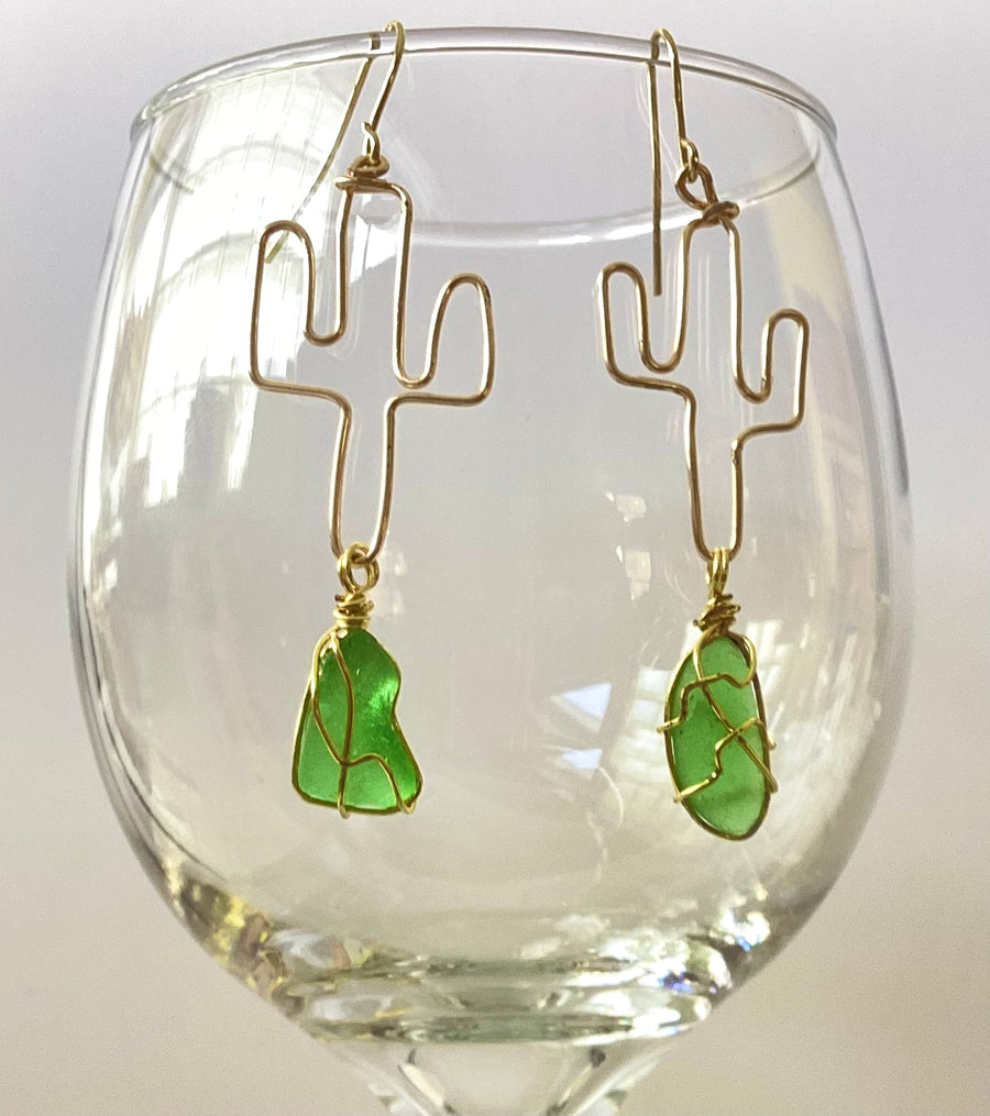 Green Seaglass Cactus Earrings