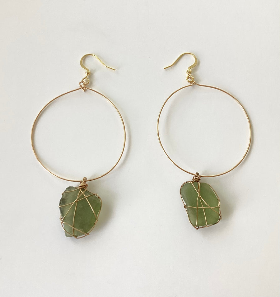 Green Seaglass Hoops Earrings